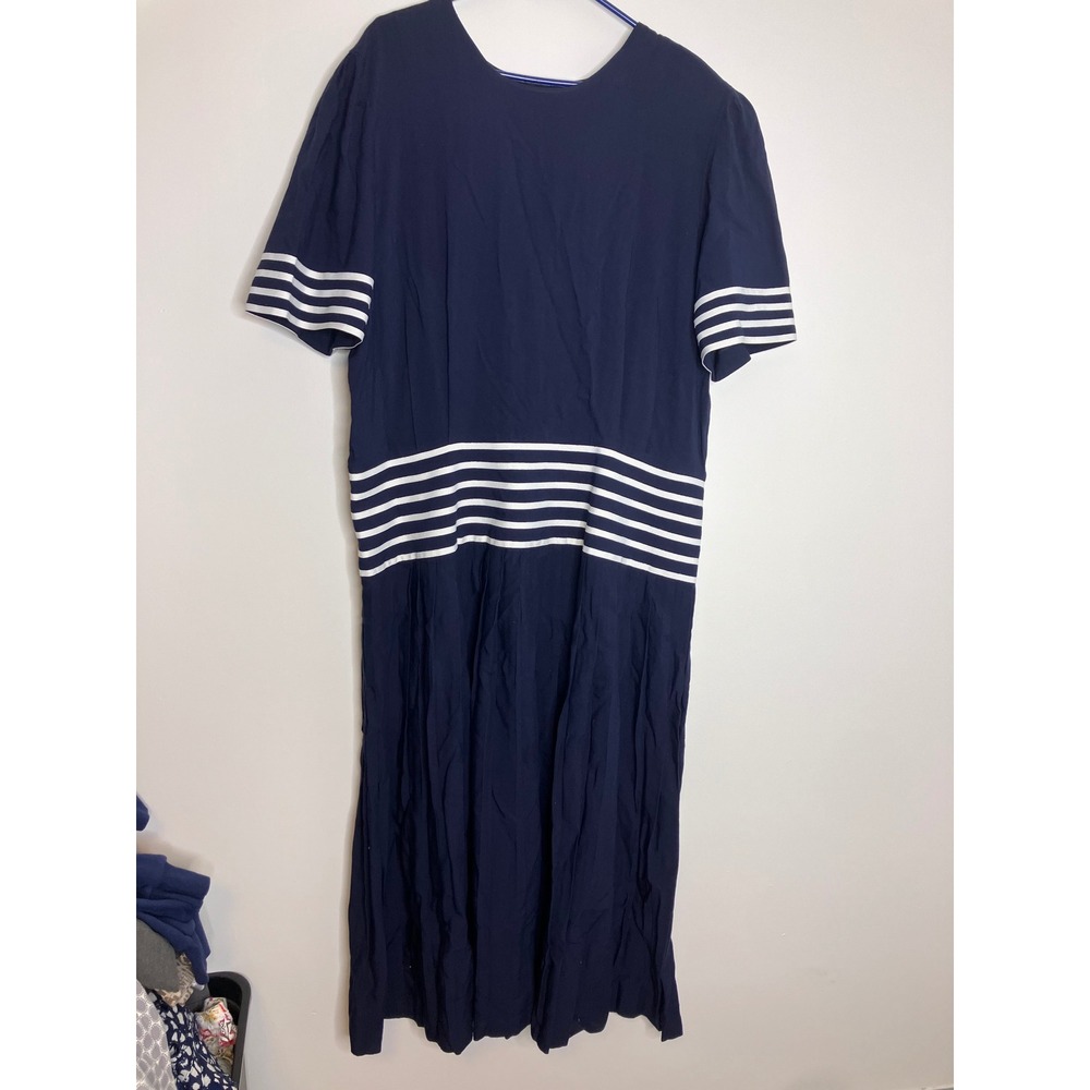 Kathie Lee Midi Dress Women 20W Navy Blue Excellent Nautical Striped Rayon